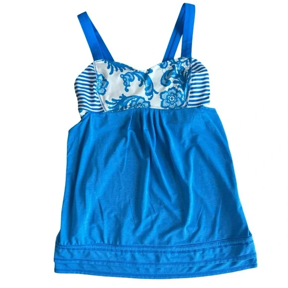 Lululemon Run Back On Track Tank Top Blue White Floral & Stripe Bra Cinch Size 8 - Picture 5 of 8
